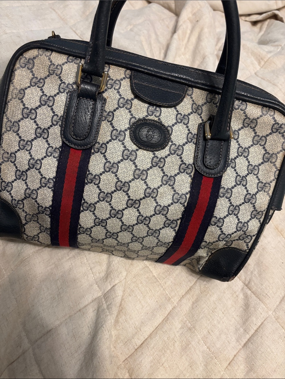 Gucci GG Canvas Boston Bag with Navy & Red Web Satchel vintage